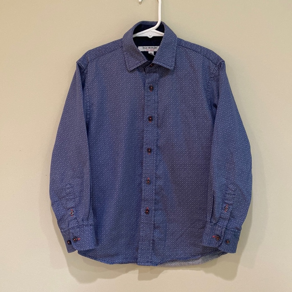 ISAAC MIZRAHI // Blue & White Pattern Button Up Dress Shirt Cotton 7